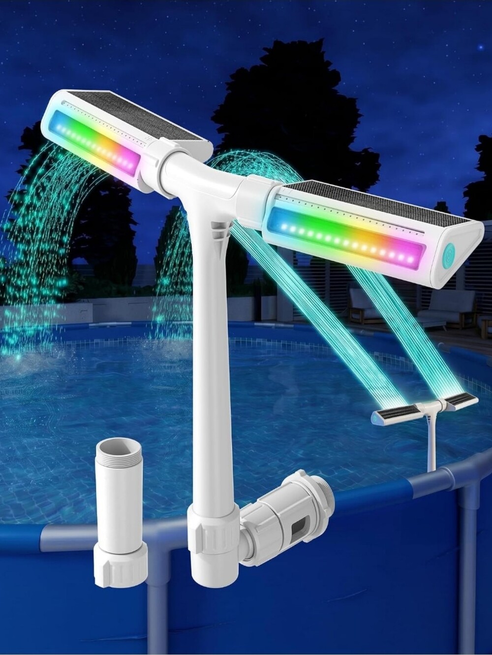 NEW! 2026 Upgrade Solar Pool Fountain,10-Color 4-Modes Lights, Dual Waterfalls